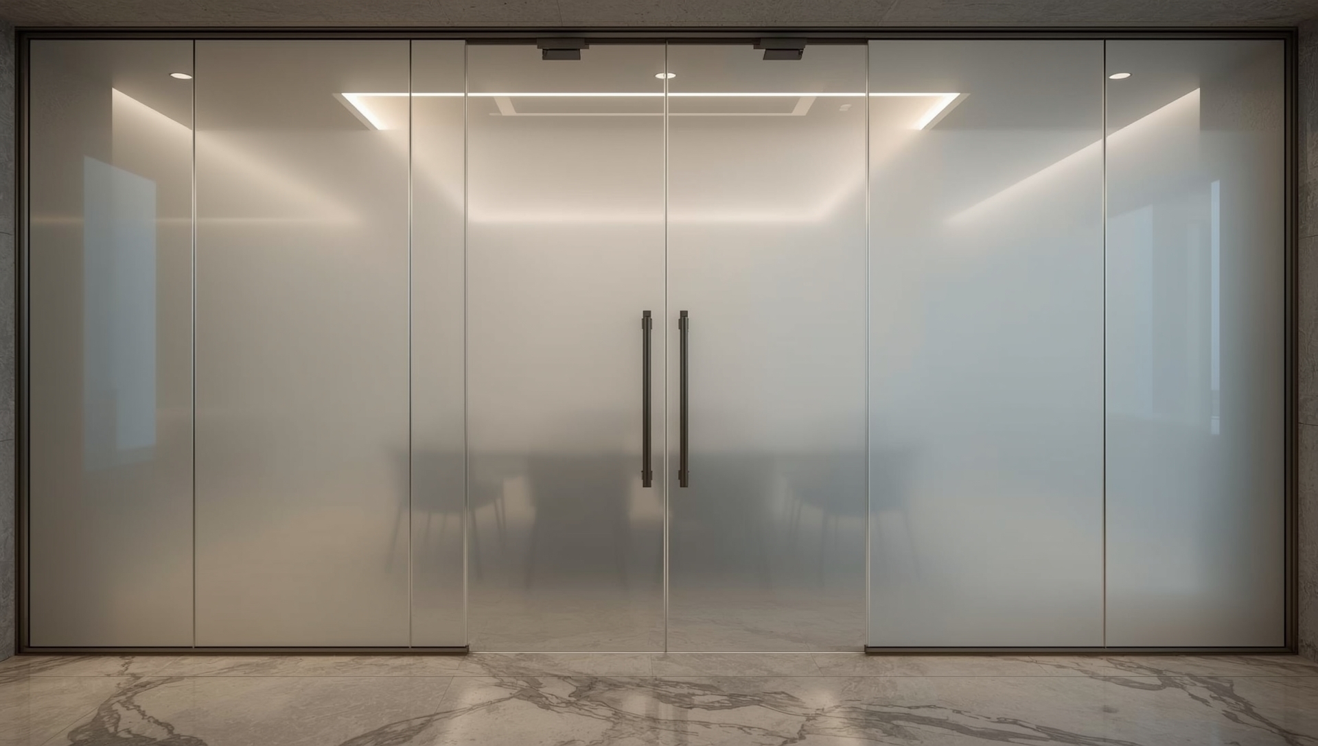 Luxury conference room entrance with frosted smart privacy film glass doors providing complete visual privacy