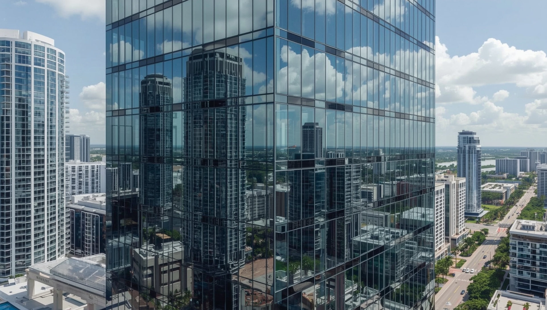 Miami high-rise luxury office tower with reflective glass facade against the downtown skyline
