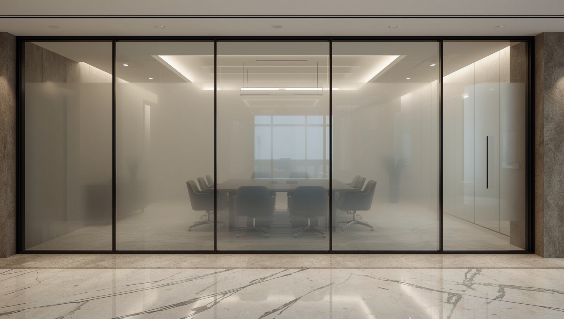 PDLC switchable film activated on a modern conference room glass wall showing the opaque frosted privacy state