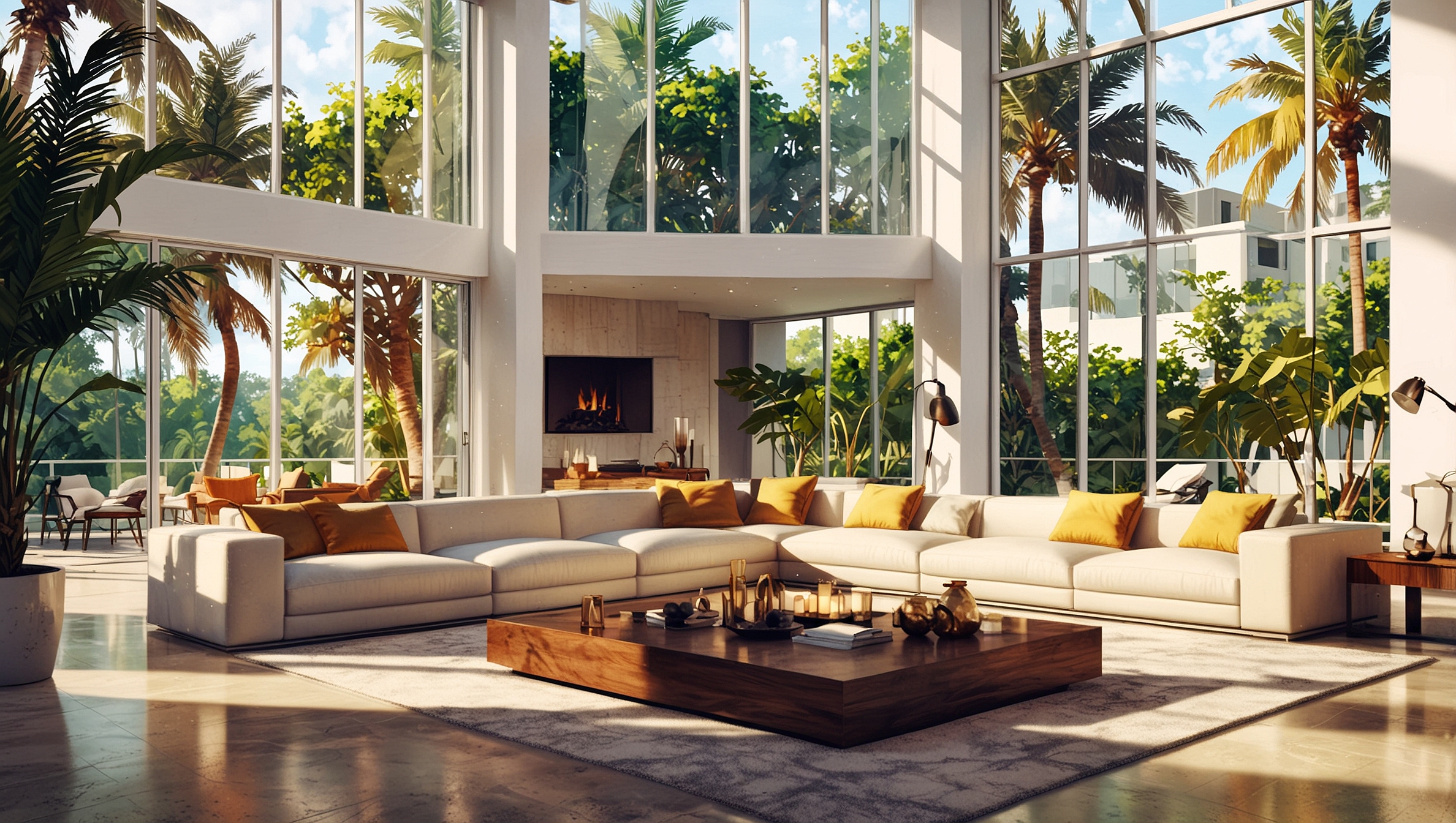 Sunlit luxury Miami home living room with residential window tinting reducing heat and glare