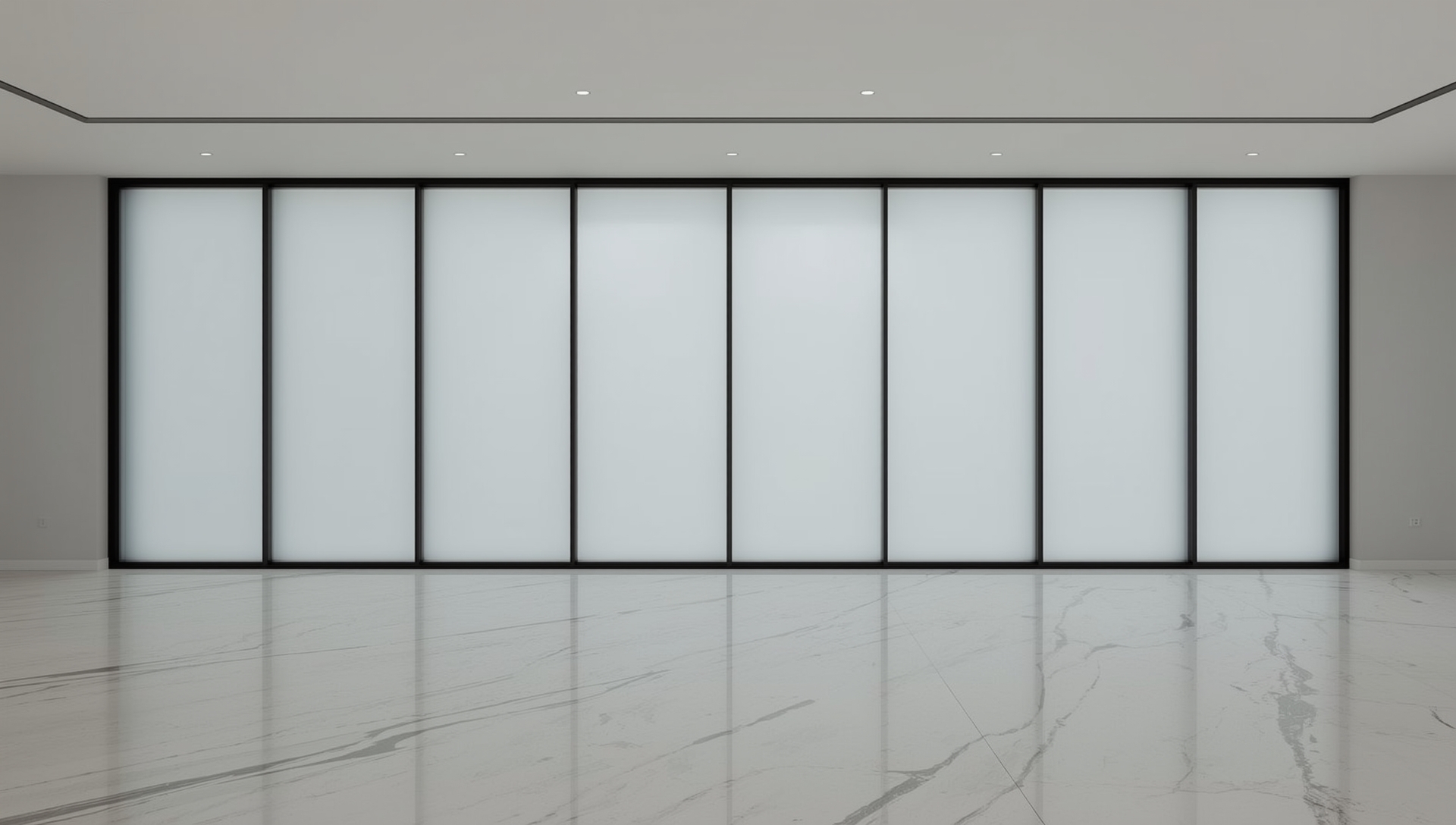 Completed installation of smart privacy film on a wall of frosted glass panels with slim black frames