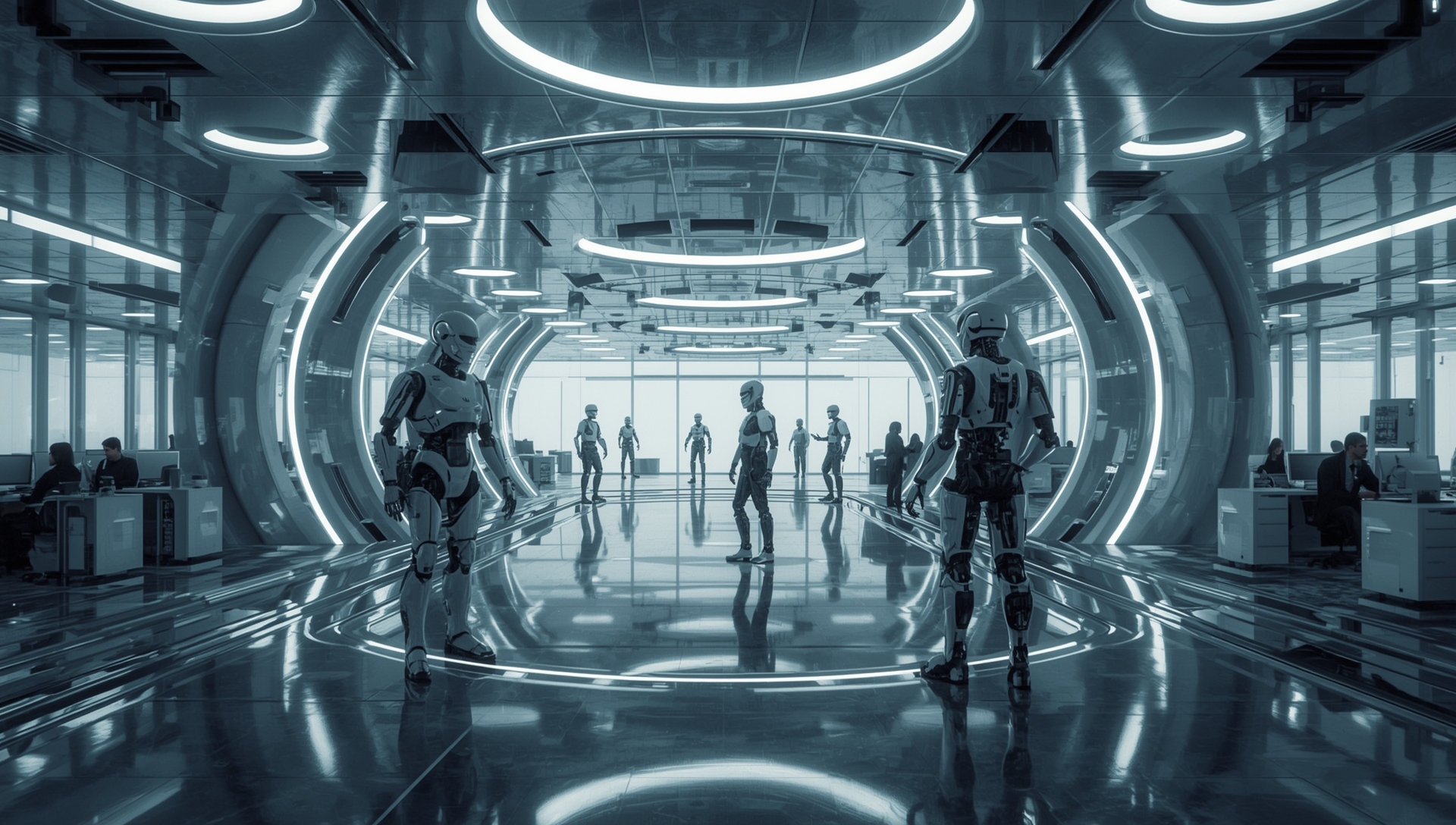 Futuristic office interior with modern glass partitions showing the next generation of workplace design