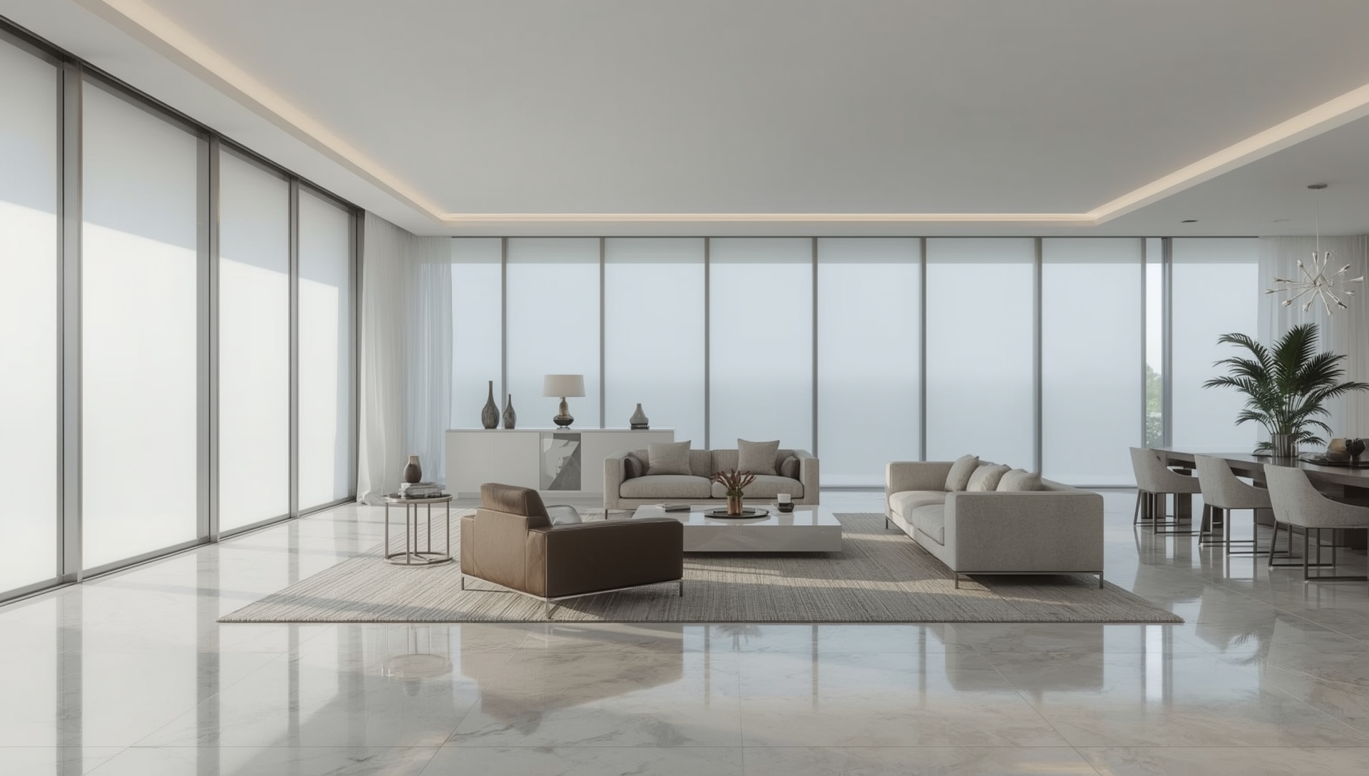Modern Miami luxury interior with floor-to-ceiling smart glass windows comparing transparent and opaque states